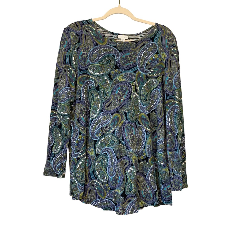 J.Jill Paisley Print Long Sleeve Top Blouse‎ Blue Green Bohemian Women's M